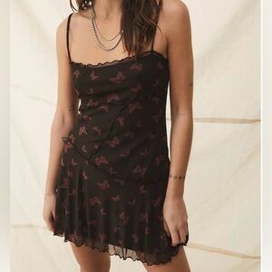 UO Moxie Butterfly Mesh Straight Neck Spaghetti Cami Strap Sheer Mini Slip Dress
